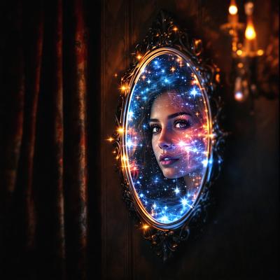 The primary subject of the image is a woman's face, which is reflected in a mirror. The setting is a dark room, and the visual style appears to be a digital art or illustration. The colors in the image are predominantly blue, creating a serene and calming atmosphere.